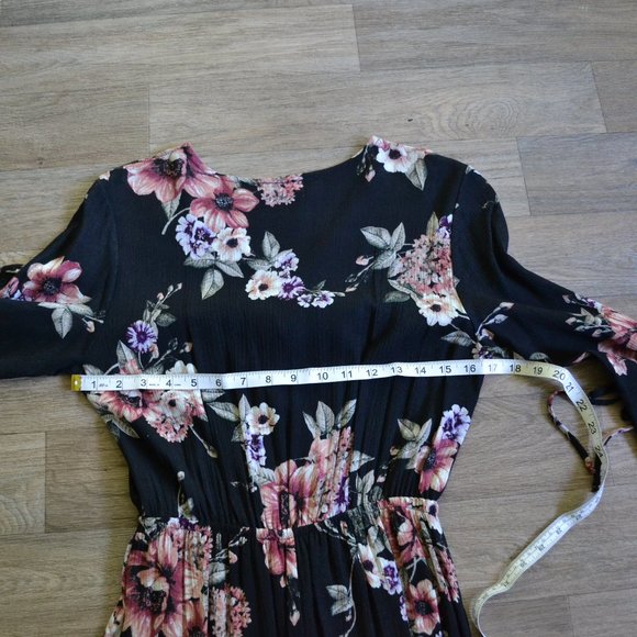 Black Wrap Floral Coldshoulder Bellsleeve Maxi Dress Side Slit Women Size Small - Picture 11 of 11